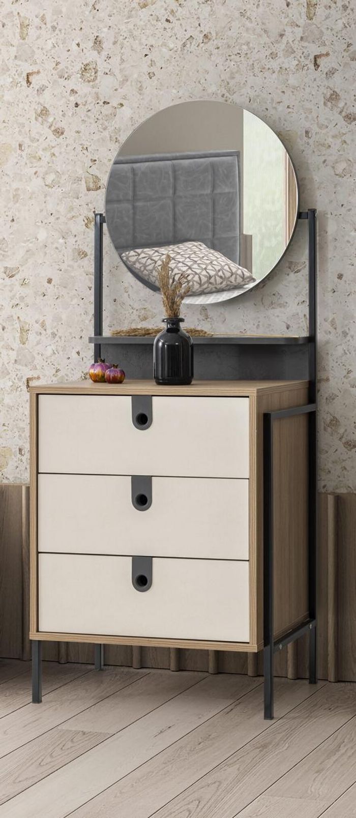 Stilvolle Kommode mit Spiegel und drei Schubladen in Holzoptik und Creme