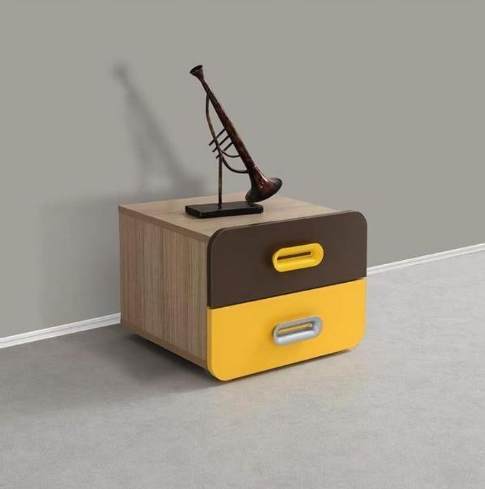 Nachttisch Modernes Design Gelb Braun Akzente Zwei Schubladen Schlafzimmer Möbel
