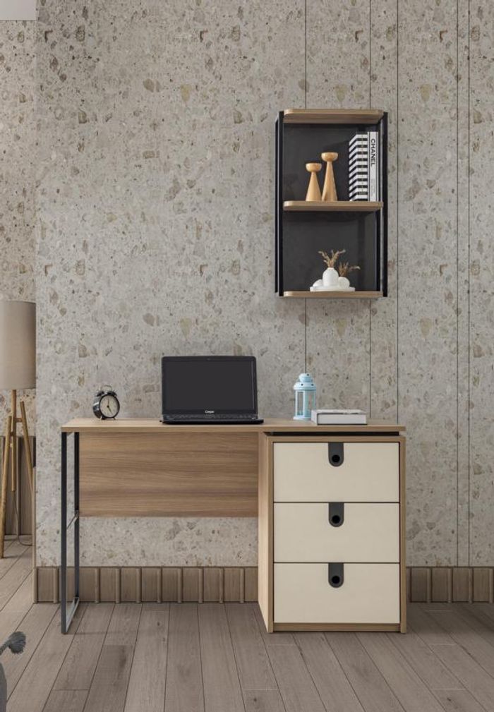 Moderner Schreibtisch mit integriertem Schubladenelement in Creme und schwarzen