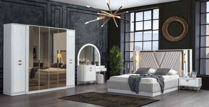 Schlafzimmer Set Bett Nachttisch Kommode Spiegel Kleiderschrank moderen 5tlg.