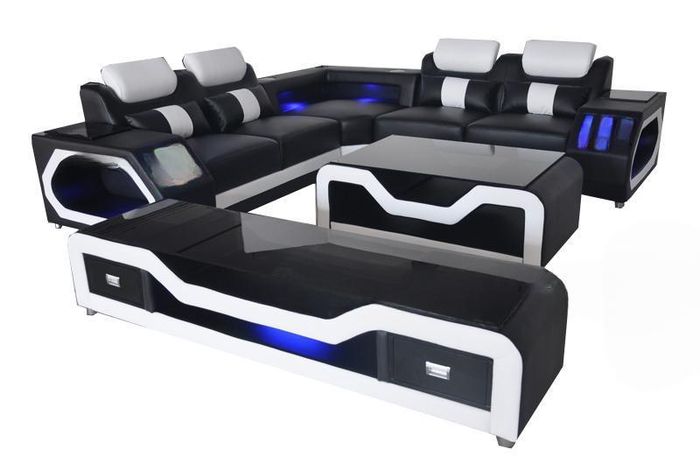 (Repeat) Set Leder Sofa Couch Garnitur Eck Sitz Polster + Tisch + RTV L Form Neu