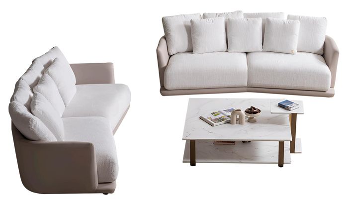 Luxuriöses Weißes Sofa-Set Designer 3-Sitzer Holz Couchtisch 3tlg