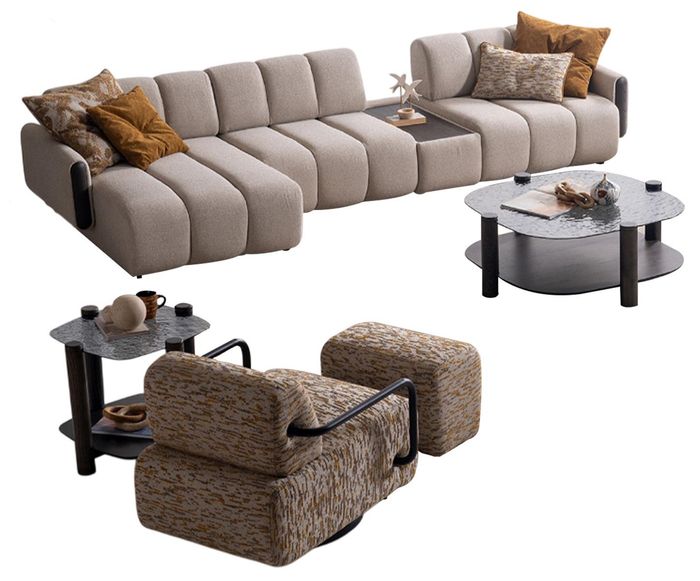 Designer Wohnzimmer Sofas Beiger Hocker Kaffeetisch Holztisch 5tlg