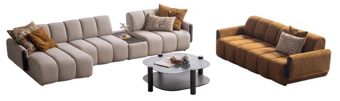 Stilvolle Wohnzimmer Garnitur Edles Ecksofa Holz Couchtisch 3-er