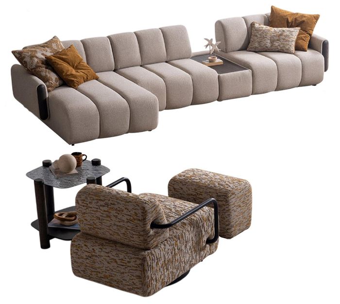 Stilvolles Wohnzimmer-Set Exklusives Ecksofa Polstersessel Hocker