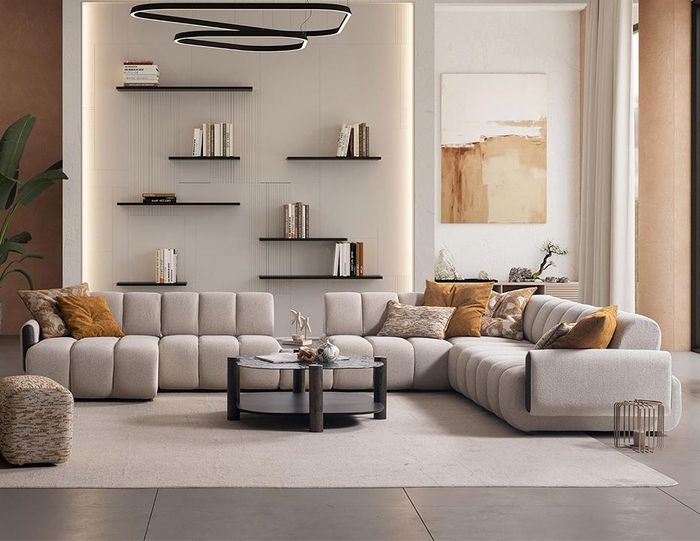 Beige Wohnzimmer Polstercouch Edle Wohnlandschaft Holz Couchtisch