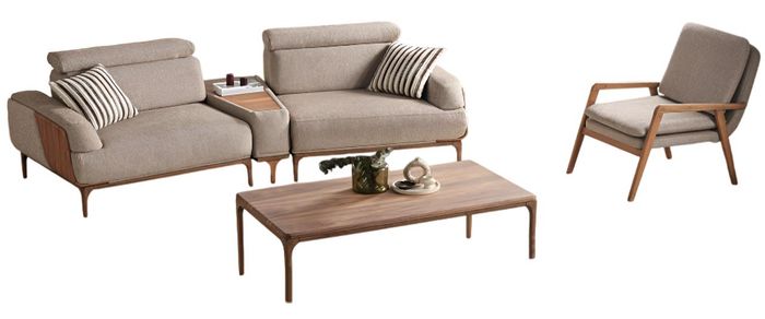 Stilvolle Beige Couchgarnitur Designer 2-Sitzer Ablagetisch Sessel
