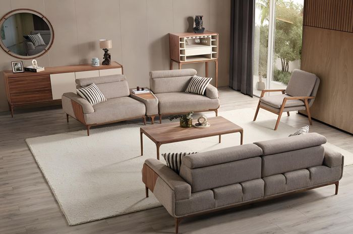 Elegante Wohnzimmer Beige Sofagarnitur Polstersofas Weinschrank 5tlg