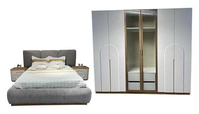 Designer Schlafzimmer Set Polsterbett Holzschrank 2x Nachttische
