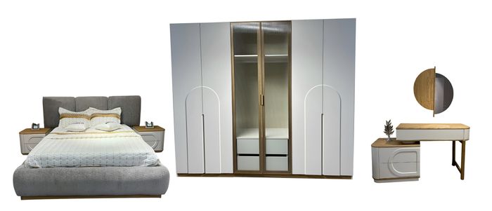Grauer Exklusiver Schlafzimmer-Set Bett Schminktische 2x Nachttische
