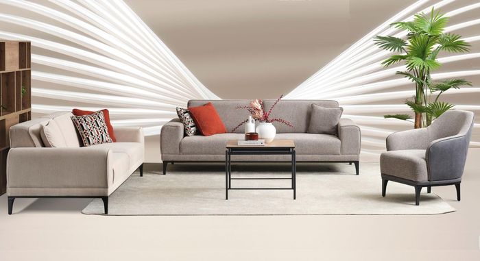 Garnitur Dreisitzer Zweisitzer Sessel Sofa Stoff Grau Stoffsofa Set 3+2+1