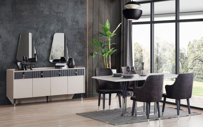 Moderne Essgruppe Rechteckiger Esstisch 6x Stühle Sideboard 2x Spiegel