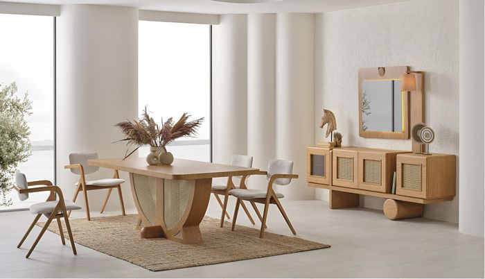 Modernes Esszimmer-Set mit stilvollem Tisch und Stühlen Sideboard mit Spiegel