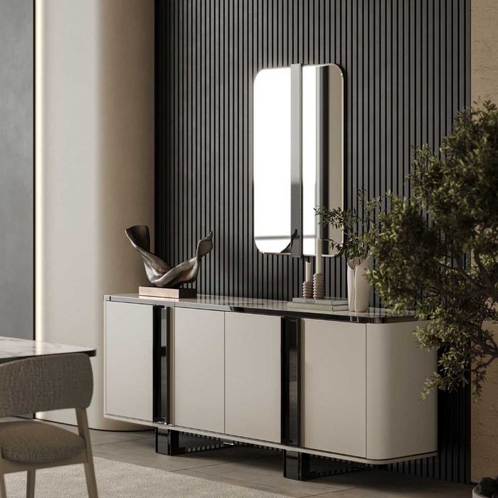 Stilvolles Beiges Sideboard Edler Spiegel Wohnzimmer Anrichte 2tlg