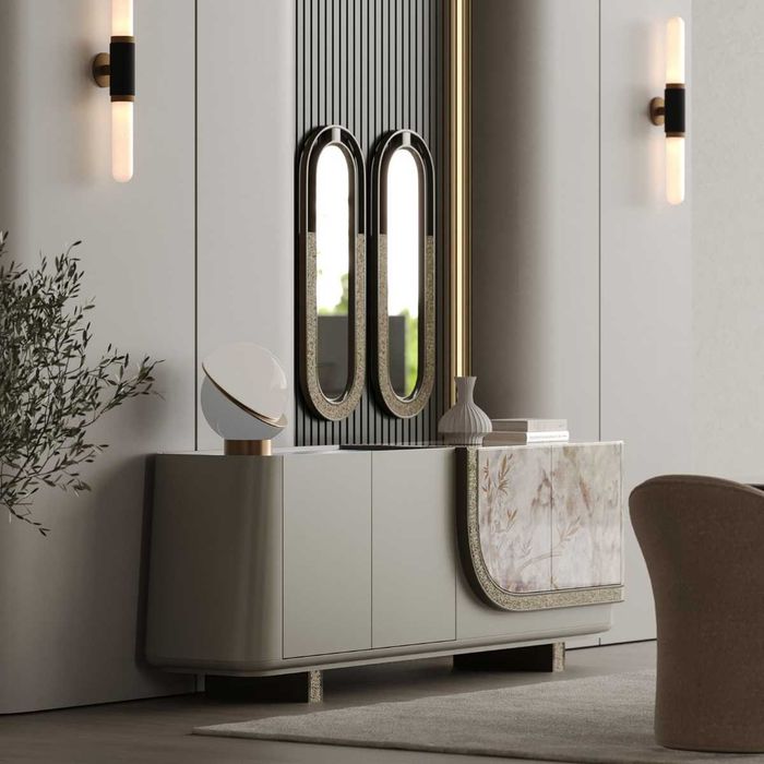 Elegante Wohnzimmer Konsole Designer Spiegel Holz Anrichte 2tlg