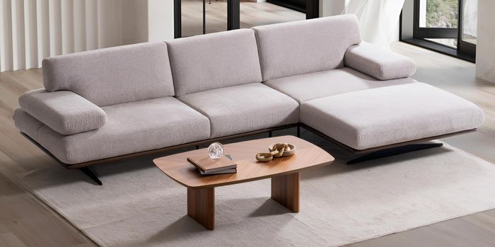 Moderne Hellbeige Eckcouch L-Form Polstersofa Holz Couchtisch 2tlg