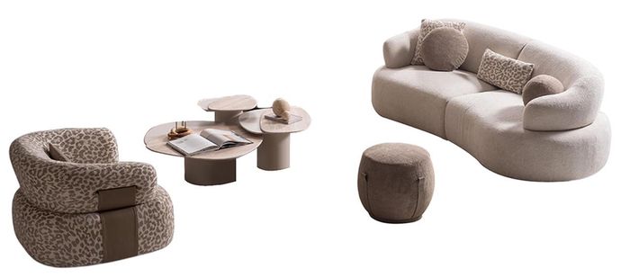 Exklusive Sitzgruppe Beiger 3-Sitzer Textilsessel Couchtisch Hocker