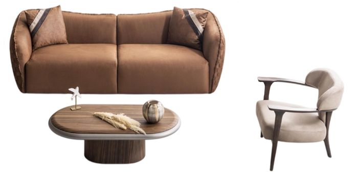 Elegantes Braunes Sofa-Set Moderne Textilcouch Sitzsessel Couchtisch