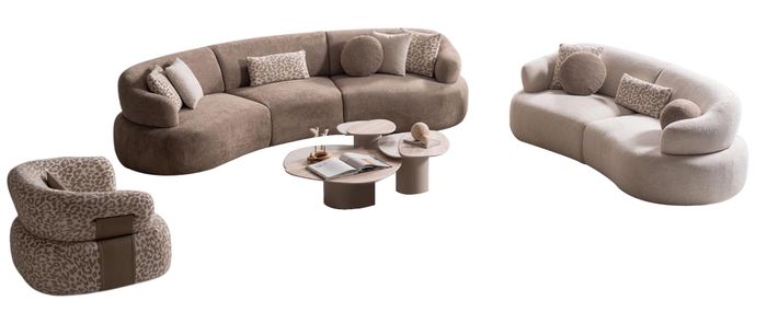 Braun-Beiges Sofa-Set Stilvoller Dreisitzer Textilsessel Holztisch
