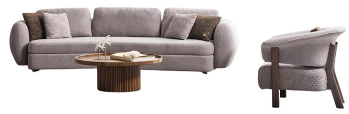 Braun-Beiges Wohnzimmer Set Polstersofa Designer Sessel Rundtisch