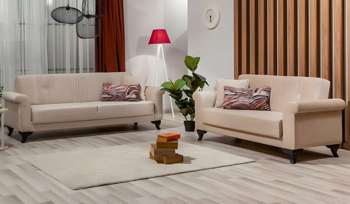 Komplette Couchen Dreisitzer Zweisitzer Beige Stoff Polstersofa 2tlg