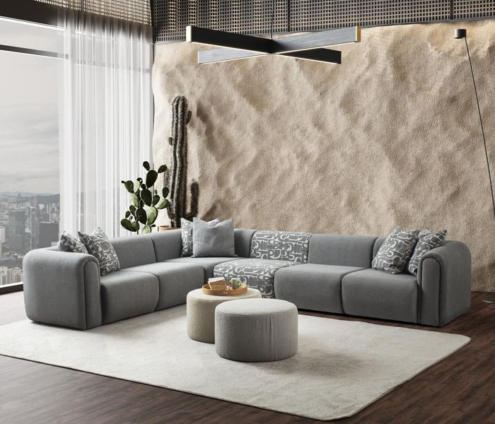 Graues Wohnzimmer Set Luxuriöses Ecksofa Designer Hocker Edle Möbel