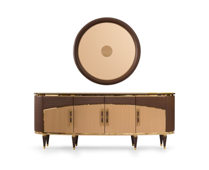 Luxuriöses Wohnzimmer Beiges Sideboard Designer Spiegel Edles Set