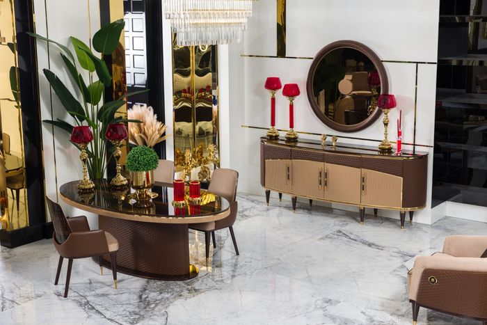 Luxuriöse Esszimmer Möbel Designer Esstisch 4x Stühle Holz Sideboard
