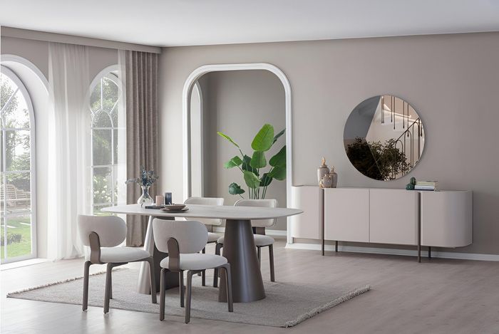 Weißes Esszimmer-Set – Stilvoller Esstisch, Stühle, Holzsideboard & Spiegel