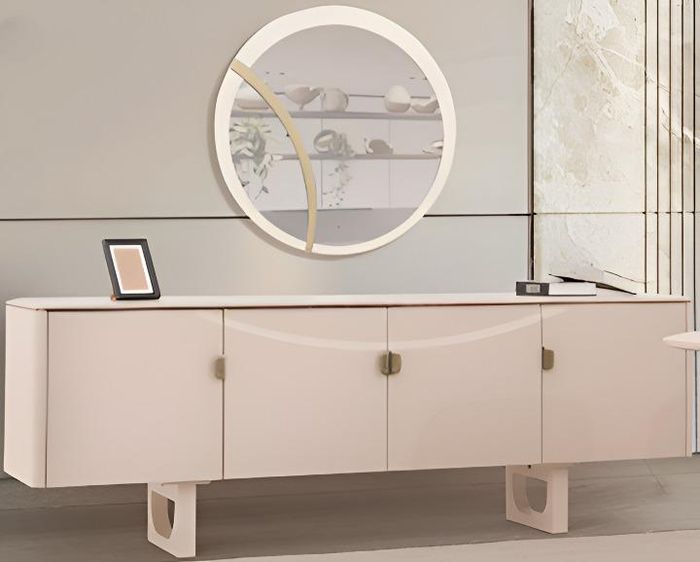 Modernes Beiges Esszimmer-Set – Holzsideboard, Rundspiegel & Esszimmermöbel