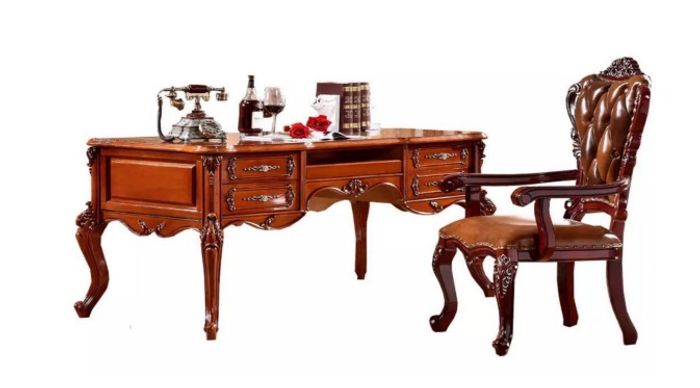 Klassischer Arbeitszimmer Schreibtisch Stilvoller Ledersessel Set