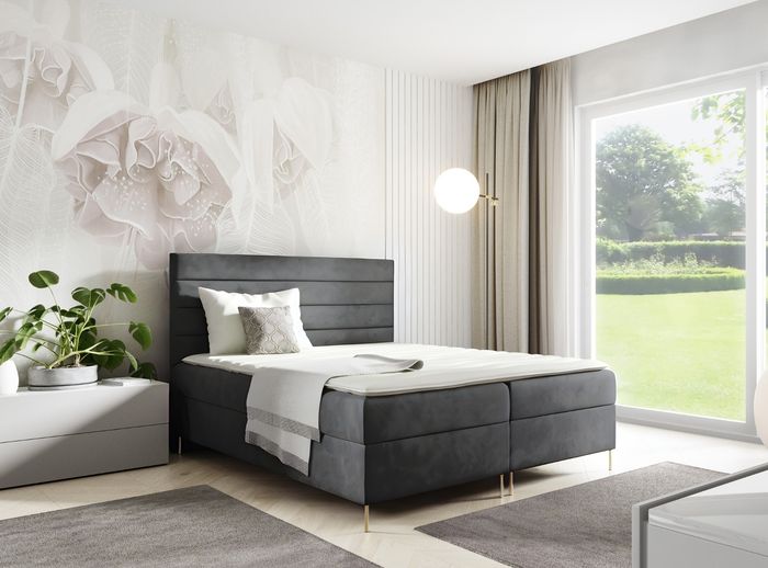 Sofello Boxspringbett DAKOTA 120 x 200cm 2x Bettkasten TOPPER 5cm Gratis Grau Velour hohe goldene Beine