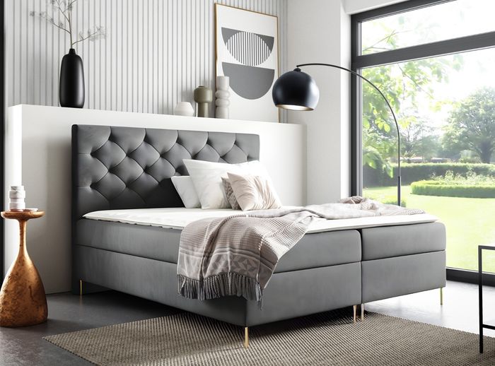 Sofello Boxspringbett LIDIA 120 x 200cm 2x Bettkasten TOPPER 5cm Gratis Grau Velour hohe goldene Beine