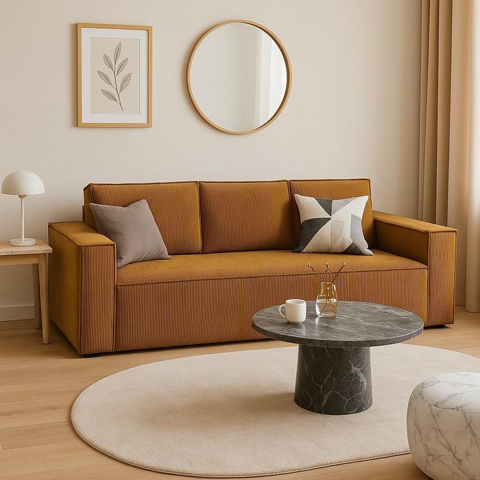 Sofello Schlafsofa CORDA  Hellbraun Senf aus Kordstoff mit Schlaffunktion - Modernes Design in trendigen Farben