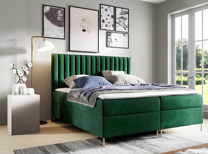Sofello Boxspringbett JILL 140 x 200cm mit Bettkasten TOPPER 5cm Gratis Gruen Velour hohe goldene Beine