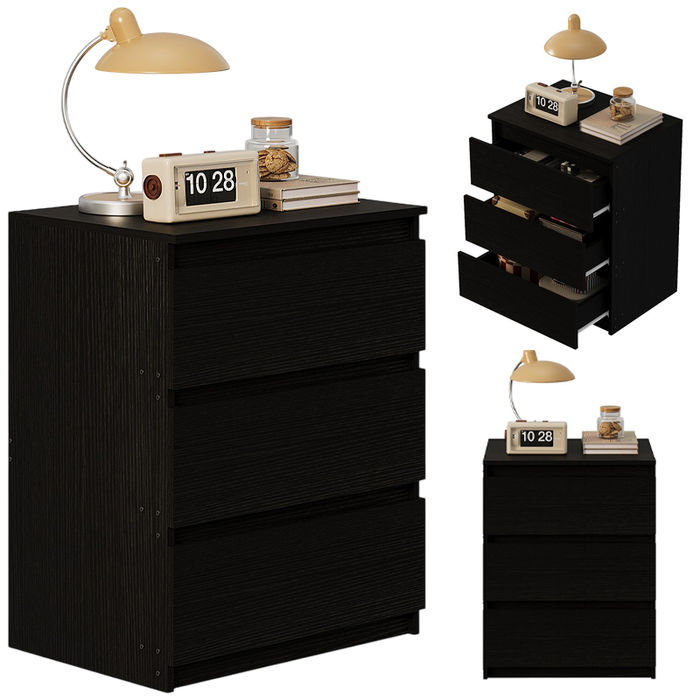 NACHTTISCH / SCHLAFZIMMERTISCH – 3 SCHUBLADEN, SCHWARZ, 60 CM, MODERNER LOFT-STIL