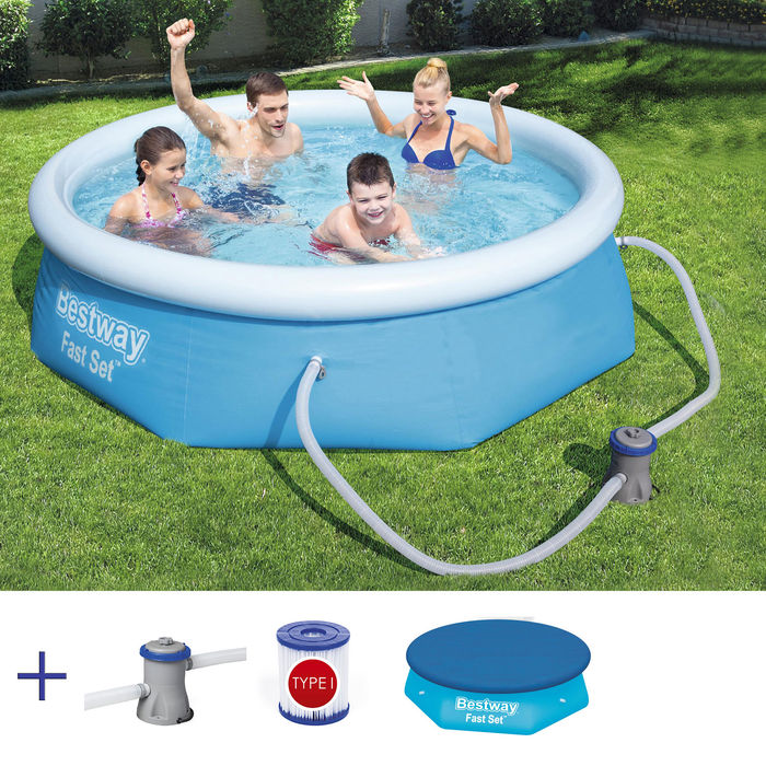 BESTWAY Fast Set Pool Rund Swimmingpool mit Filterpumpe und Cover 244x66cm