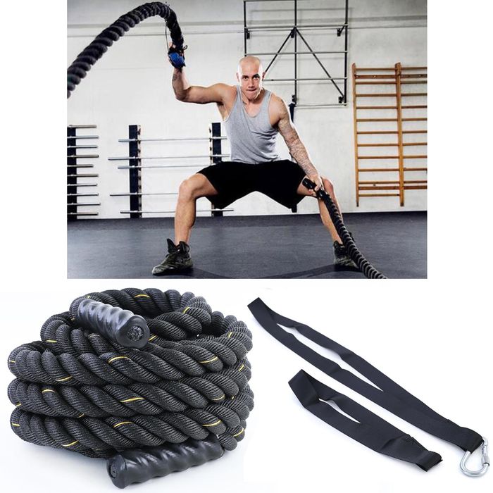Battle Rope Set Trainingstau Schwungseil Schlagseil 9 Meter 50mm + Anchor Strap