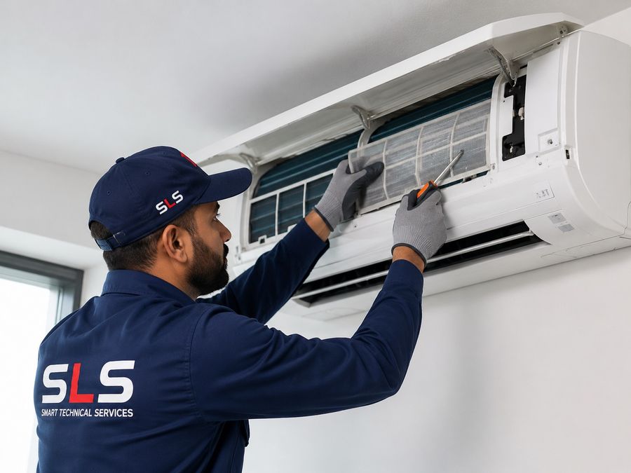 Air conditioning technician servicing an AC unit