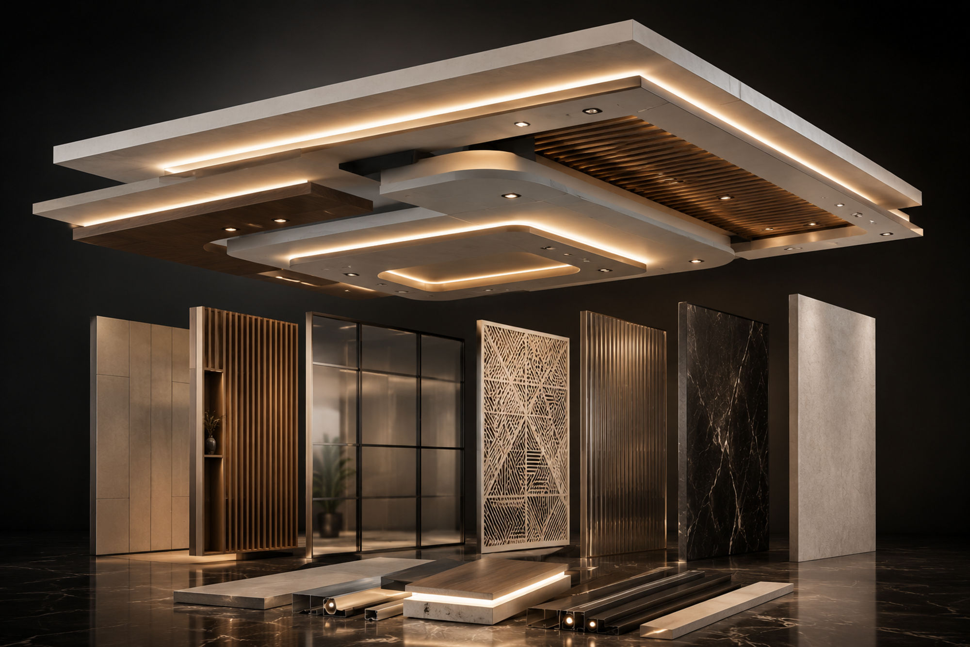Modern false ceiling with integrated lighting