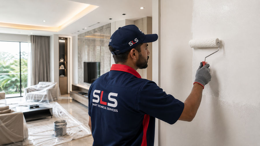 Painter painting an interior wall