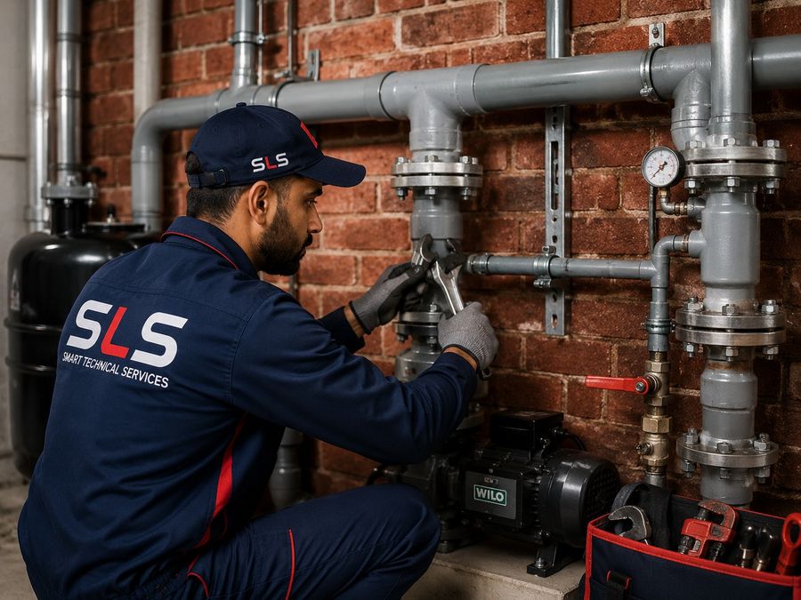Plumber fixing pipes under a sink