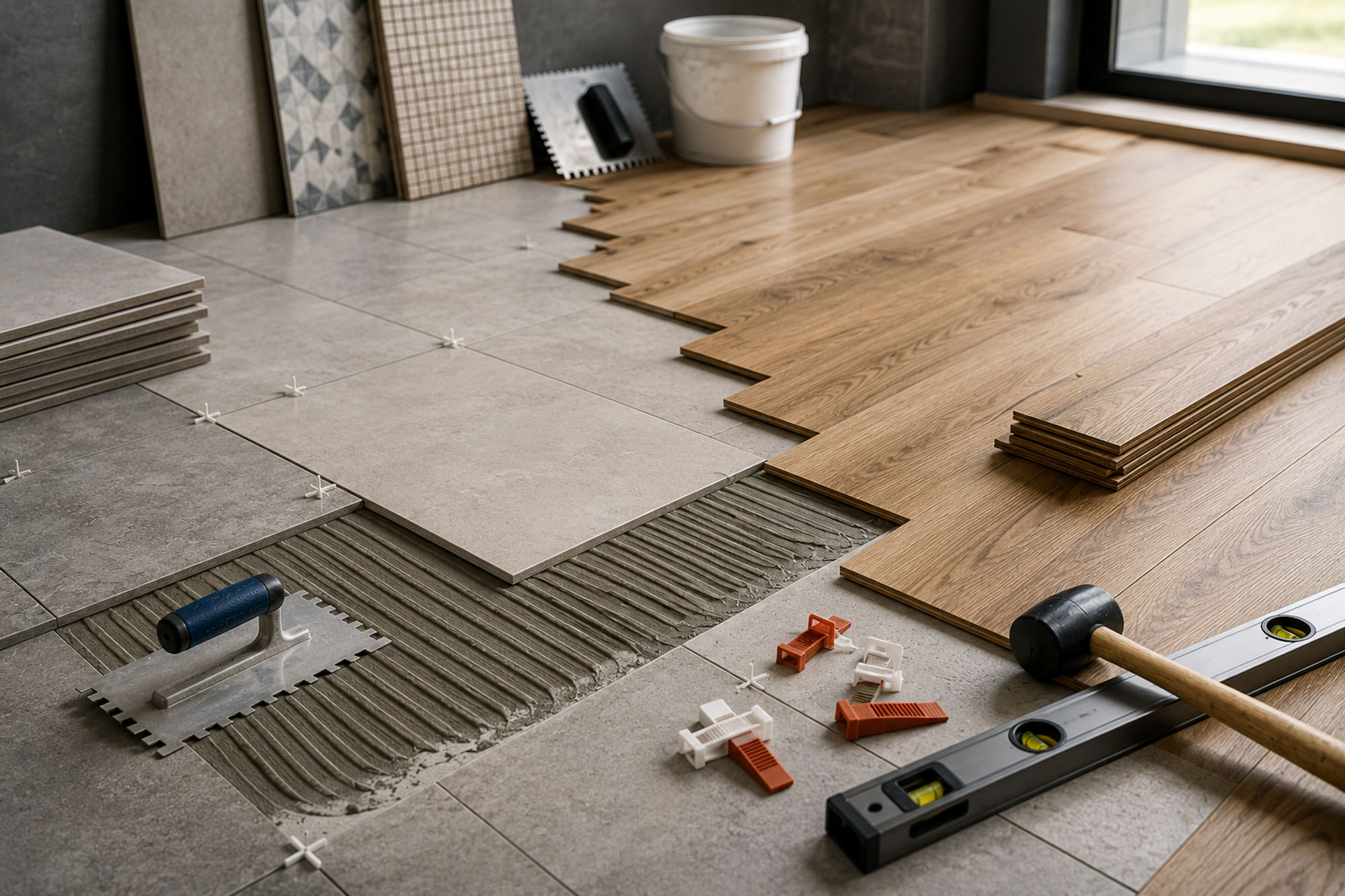 Tiler installing floor tiles