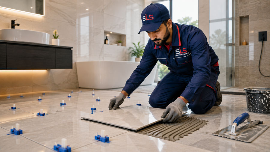 Tiler installing floor tiles