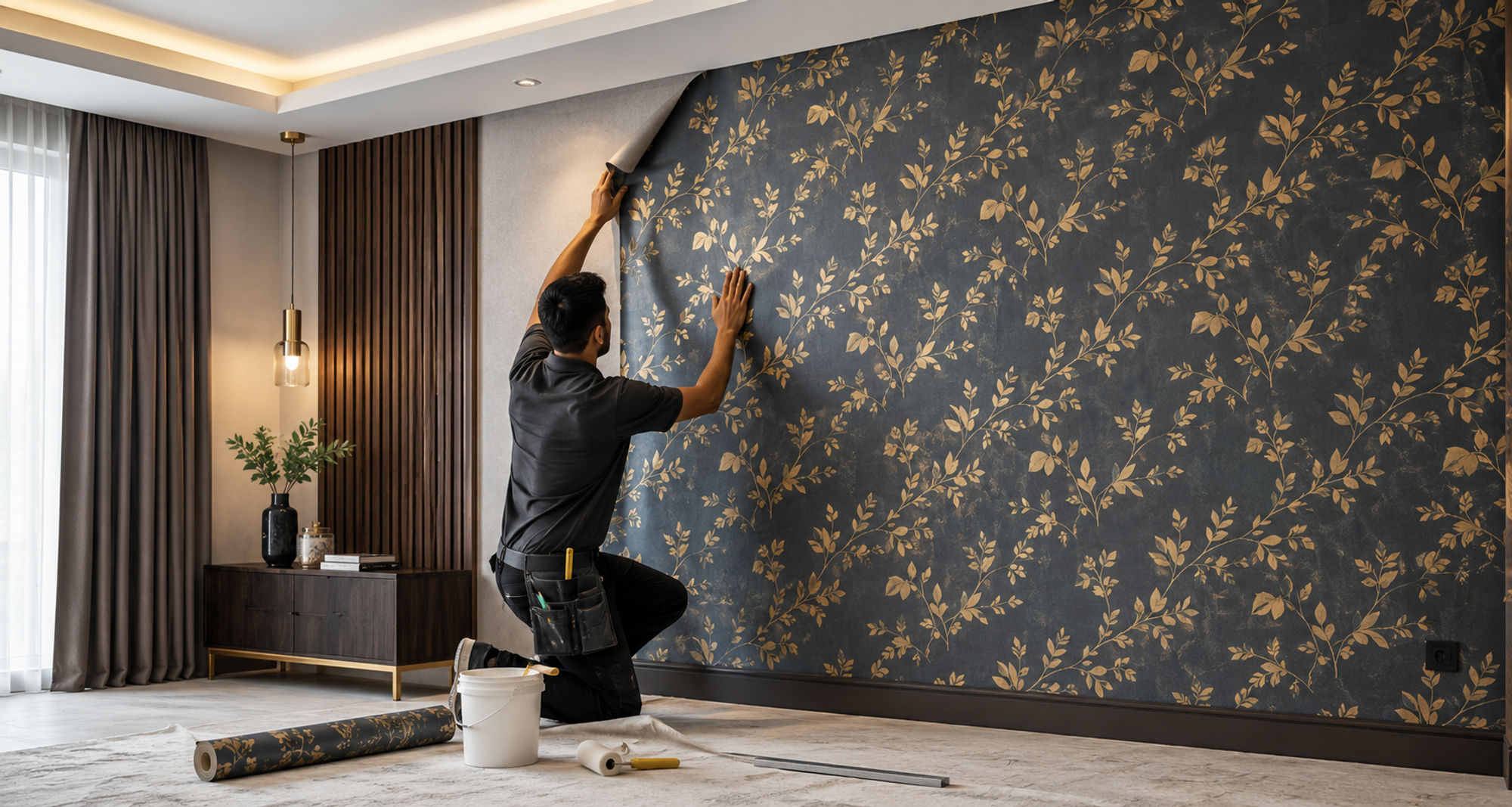 Wallpaper being applied to a wall