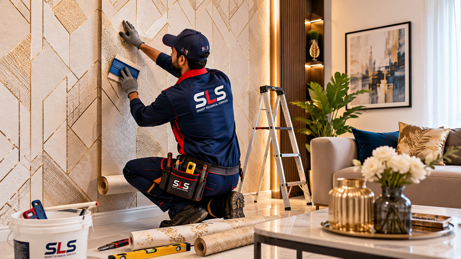 Wallpaper being applied to a wall
