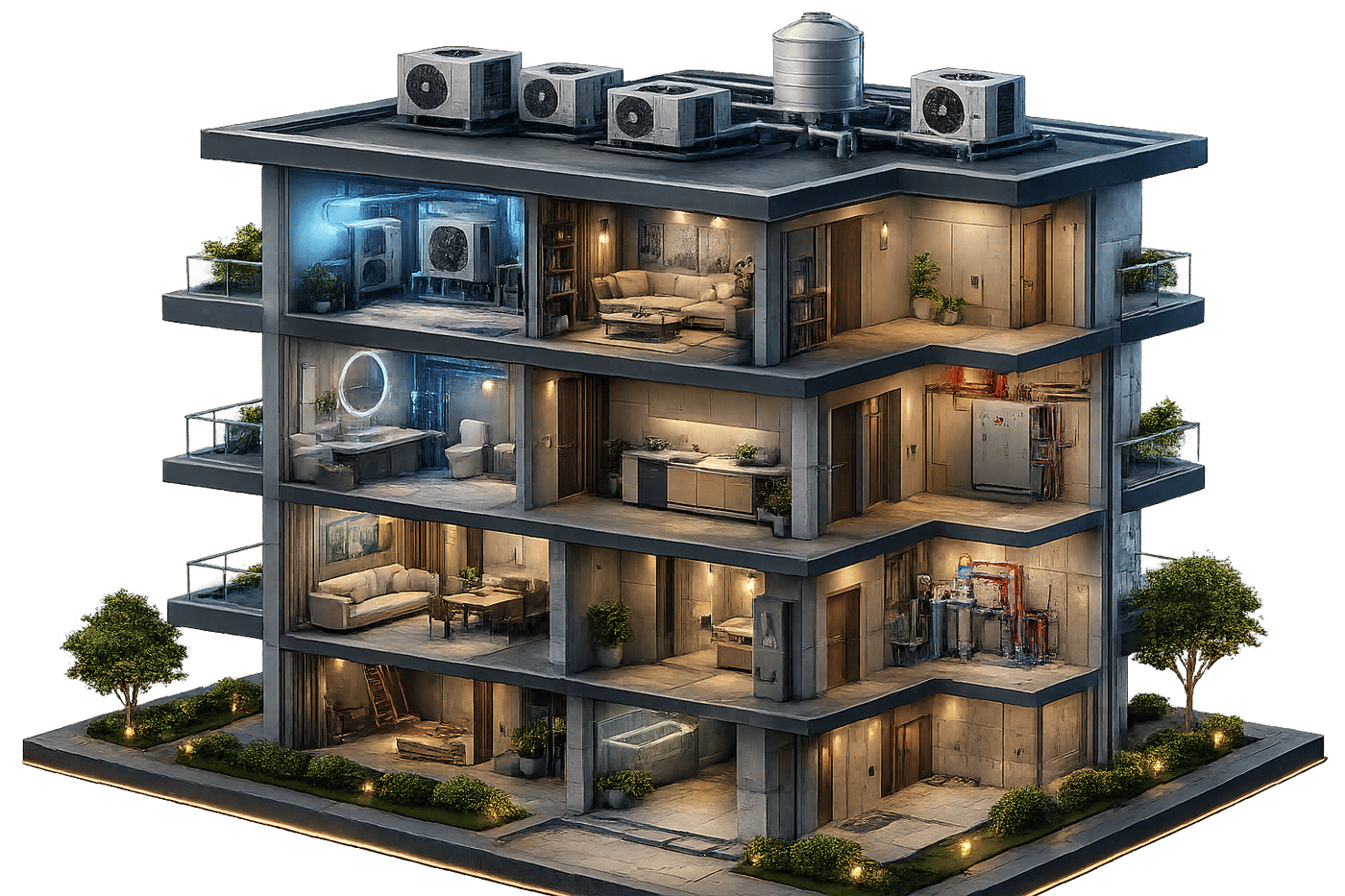 SLS technical services across a multi-floor building — AC, plumbing, electrical, carpentry, and painting