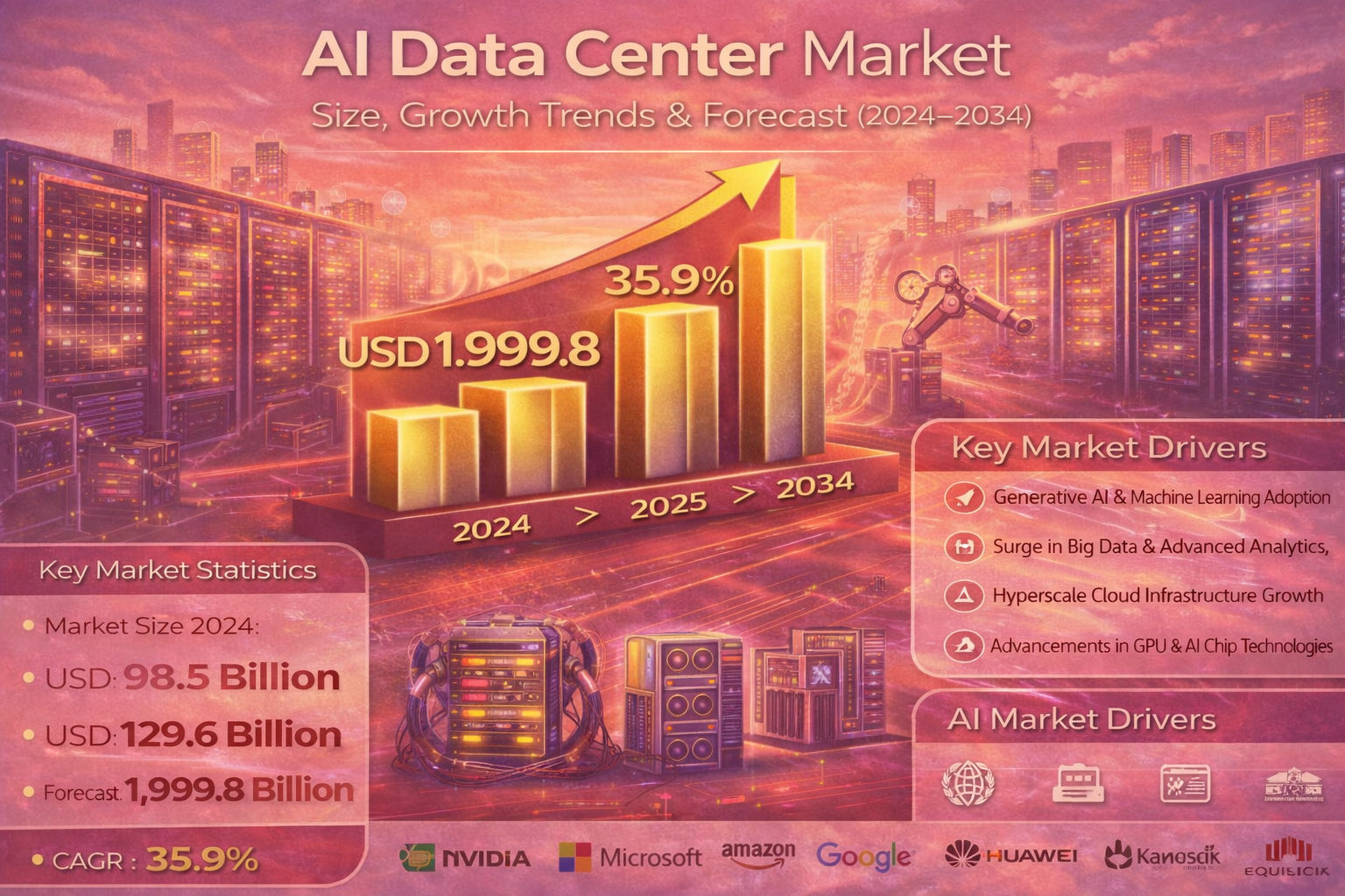 The global AI Data Center Market is witnessing exponential growth as artificial intelligence applications continue to transform industries worldwide. The market was valued at approximately USD 98.5 billion in 2024 and is projected to reach nearly USD 2 trillion by 2034, expanding at a remarkable CAGR of around 35.9% during the forecast period.