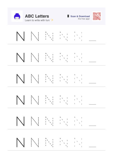 Letter N tracing worksheet preview