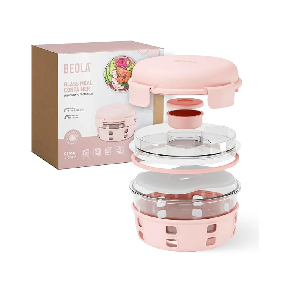 BEOLA - Lunch Box - Food Container with Ice Pack - Sauce Cup - 3 Compartment Tray - 950ml - Blush Pink